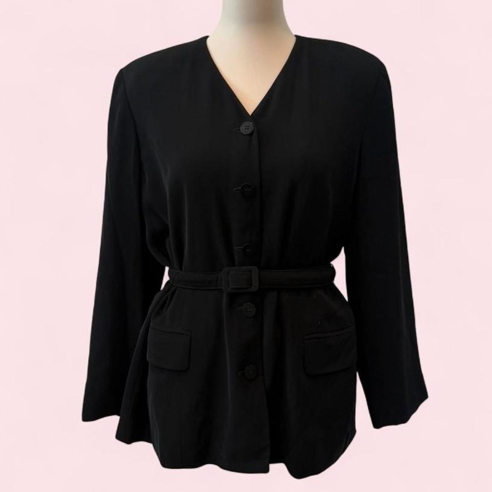 Ann Taylor Loft Black Belted Button Front Blouse Patch Pockets Size 12